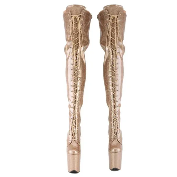 Gold Glitter Patent 3020 Lace Up Thigh High Platform Boots Flamingo 8" Heels - Picture 8 of 10